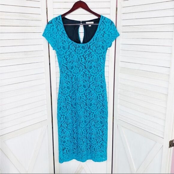 Eva Mendes New York & Co. Lace Sheath Bodycon‎ Dress Teal Black 2 Cap Sleeve - Picture 8 of 11